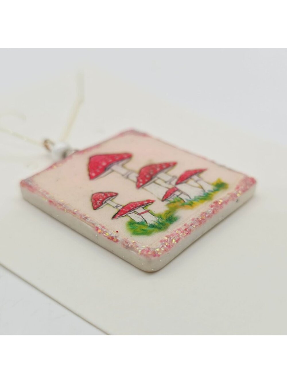 Handmade Mushroom Art Pendant Necklace Glitter Accents & White Bead Detail 1" - Picture 5 of 6